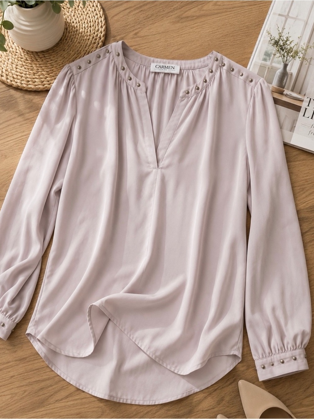 Carmen by Carmen Marc Valvo Blush Pink Studded High Low Blouse - Picture 2 of 4